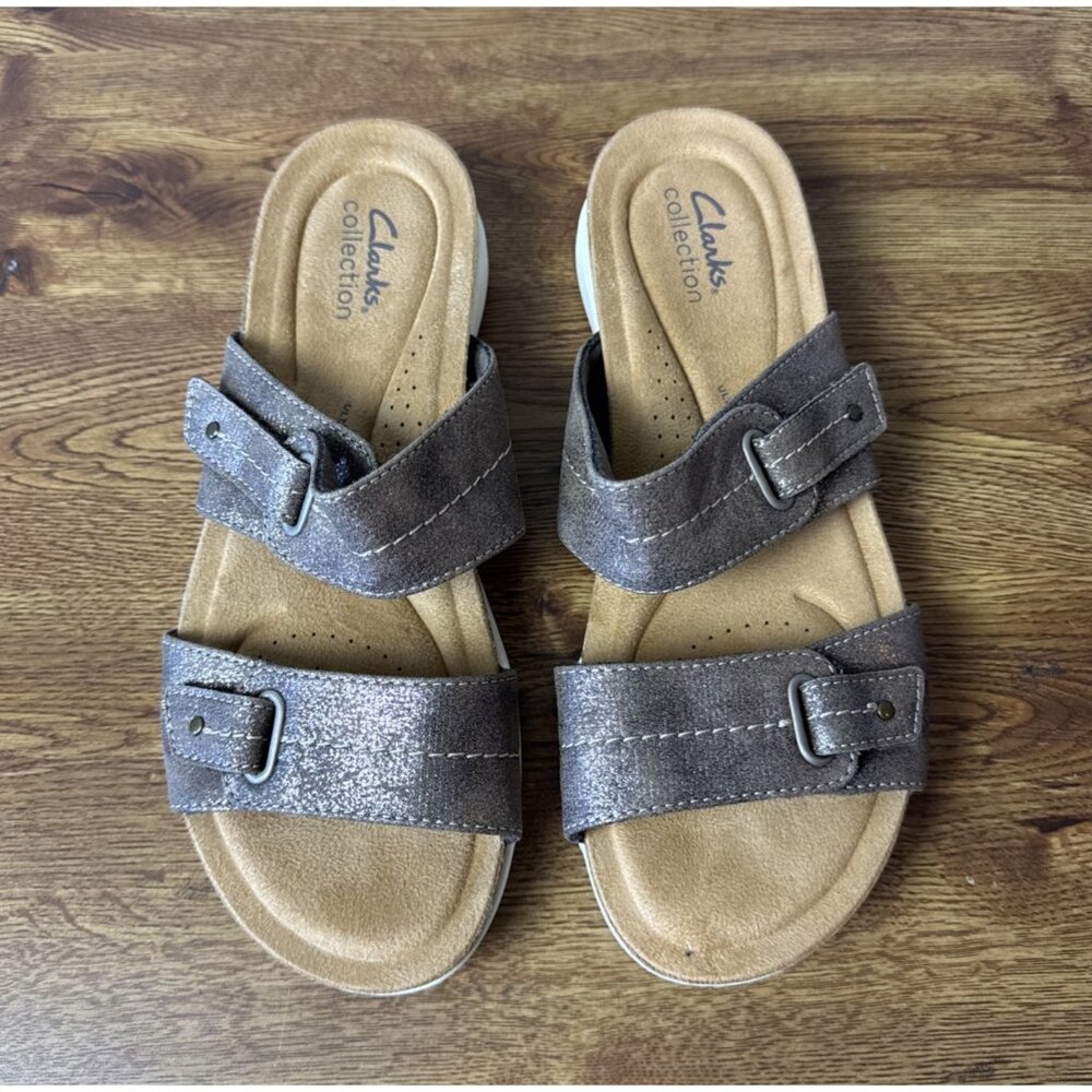 Clarks April Dusk Sandals Slides double strap Slip on Sandals Size 8.5 Comfort